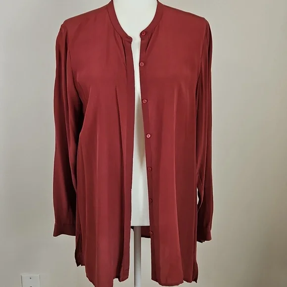 Eileen Fisher PL Silk Blouse Maroon Button Front Long Sleeve Quiet Luxury Career - Picture 2 of 9